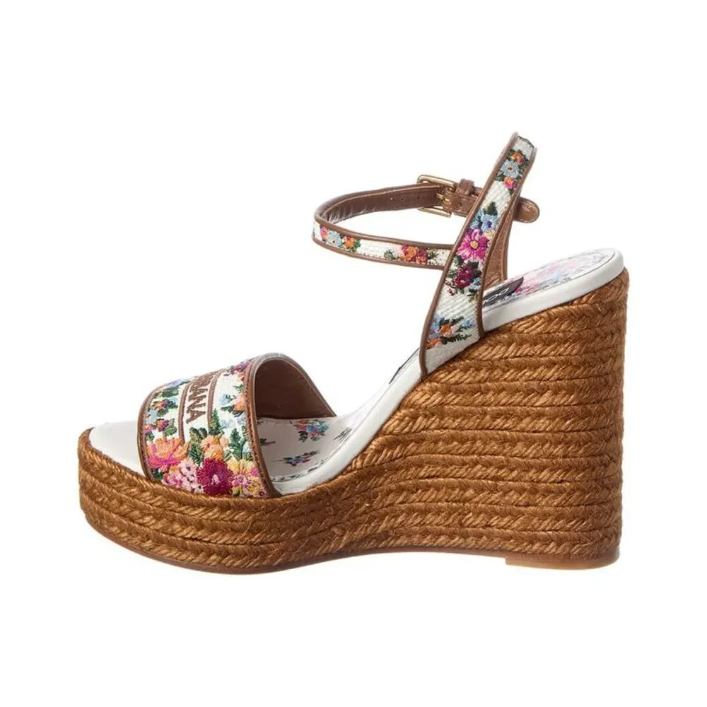 Dolce & Gabbana Majolica Canvas & Leather Wedge Sandal